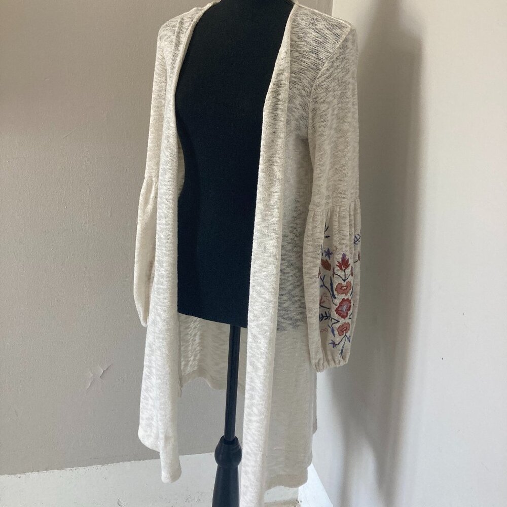 Cream Boho Duster Lightweight Sweater with Embroidered Sleeves